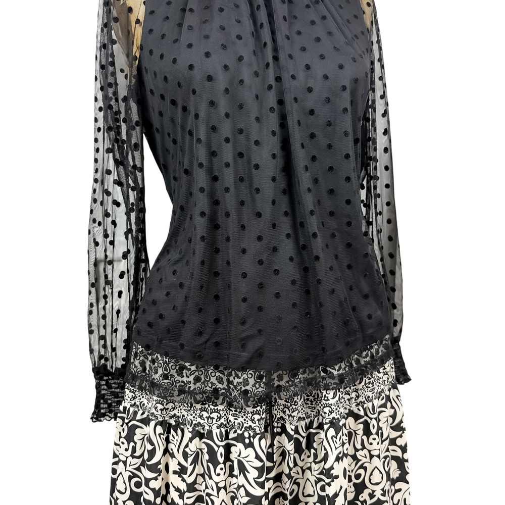 Gothic Sheer Mesh Polka Dot Blouse Mock Neck Bow Back‎ Victorian Lace Trim S - Picture 6 of 9